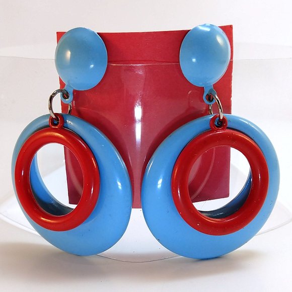 Vintage Jewelry Vintage Gogo Girl Earrings 8s Does 60s Blue Red Hoops Button Posts Groovy